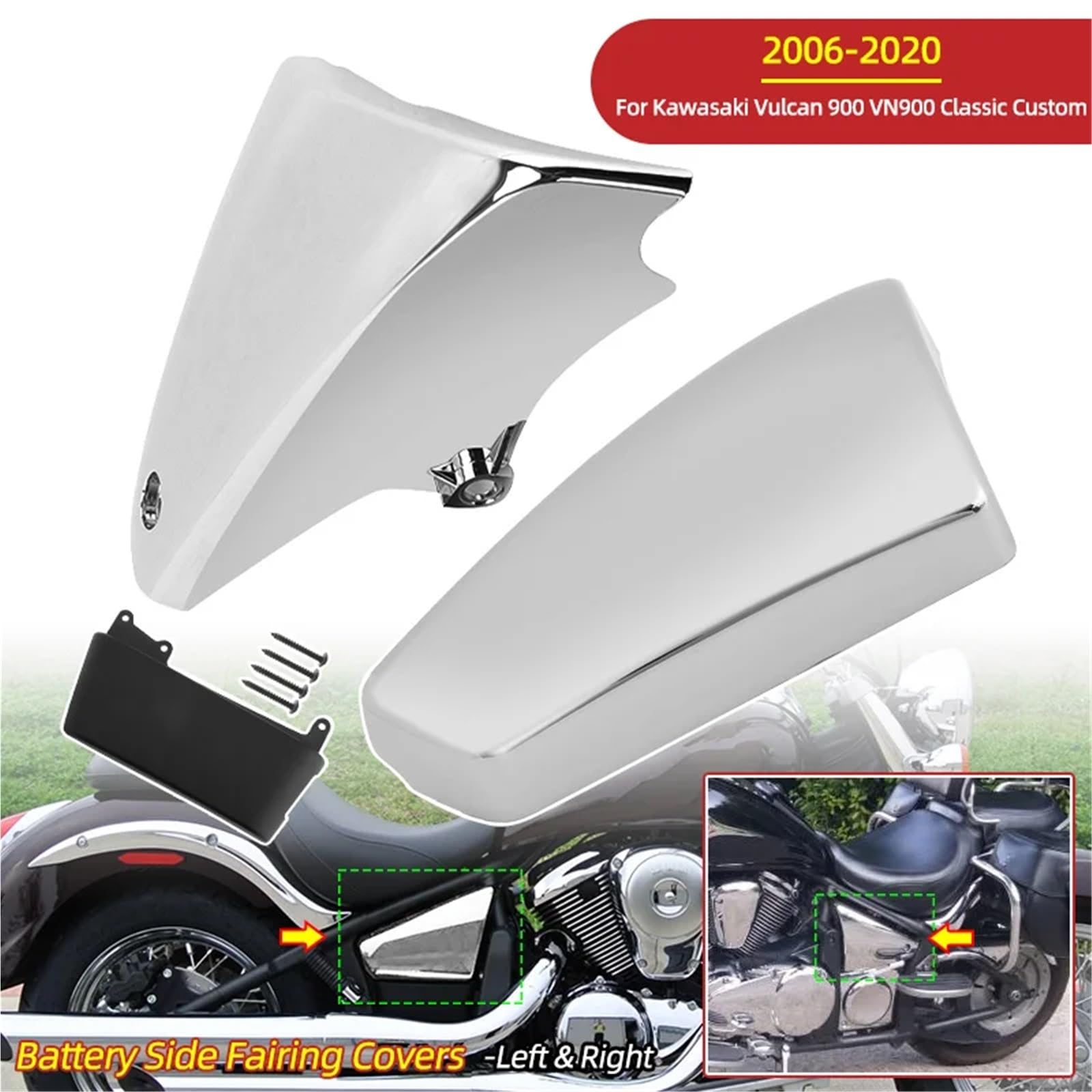 Battery Top Cover Side Battery Cover Chromowane osłony boczne akumulatora motocyklowego, osłona ramy, pasujące do Kawasaki Vulcan VN900 Classic Custom 2006-2020