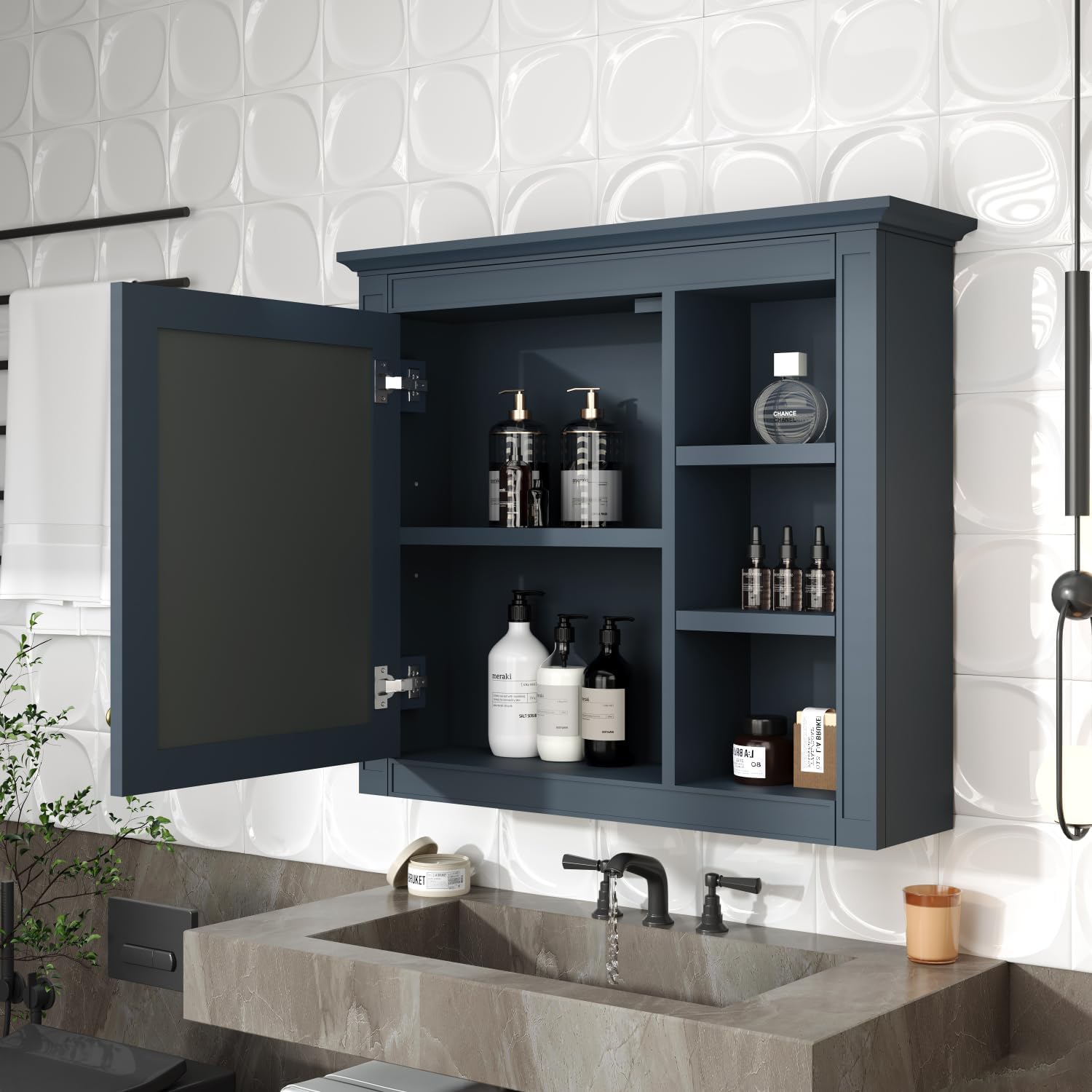 30" x 28" Wall-Mounted Bathroom Storage Cabinet with Mirror and 3 Open Shelves