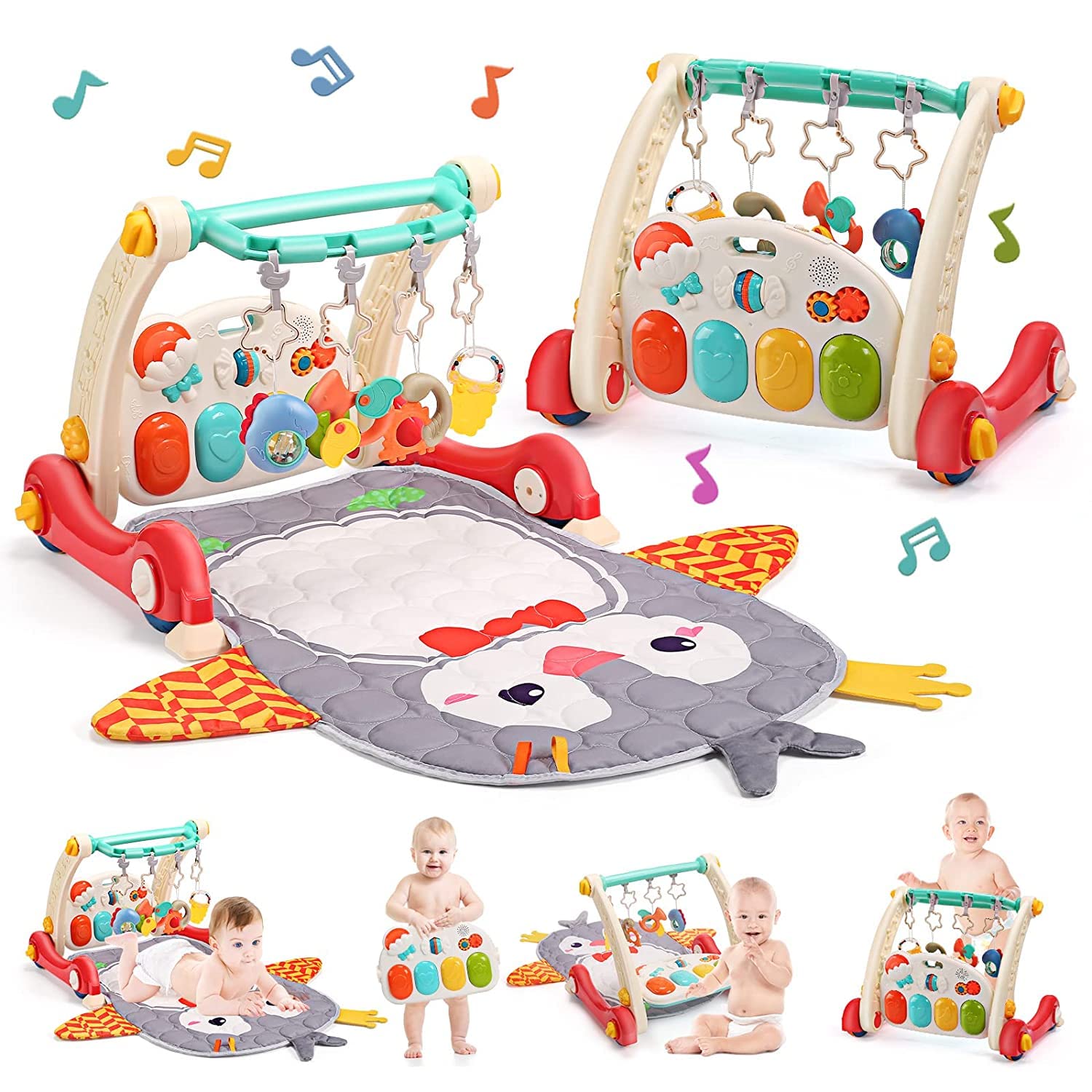 ANTOLE Play Mats for Baby, 2 in 1 Baby Activity Play Mat with Play Piano,Musical Activity Center with Lights, Baby Push Walkers & Tummy Time Mat for Newborn Toddlers
