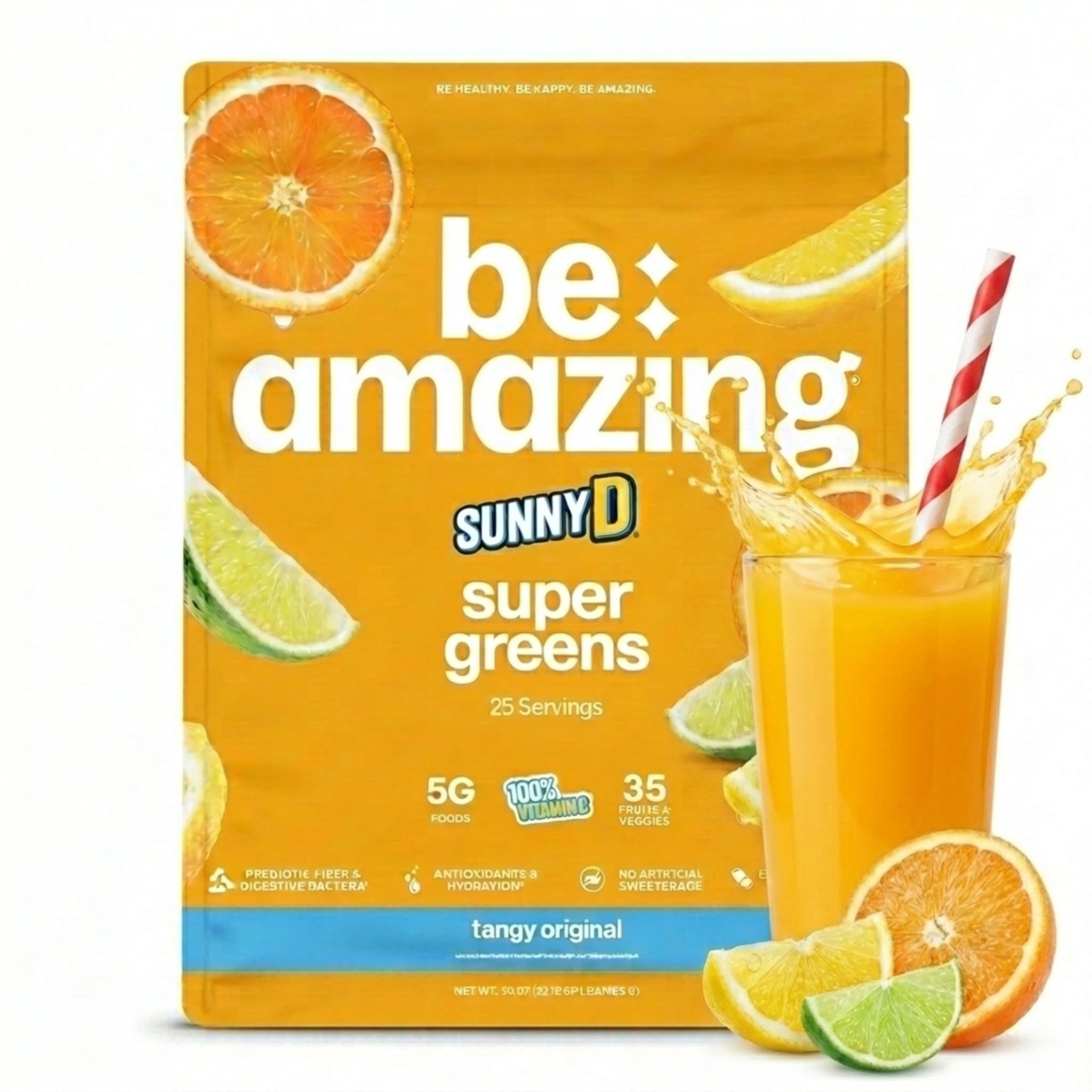 BE AMAZING Super Greens Powder with Prebiotics, Digestive Enzymes & Antioxidants, 35 Fruits & Veggies, Electrolytes & Fiber, Vegan, Gluten Free Juice & Smoothie Mix, Sunny D, 25 Servings