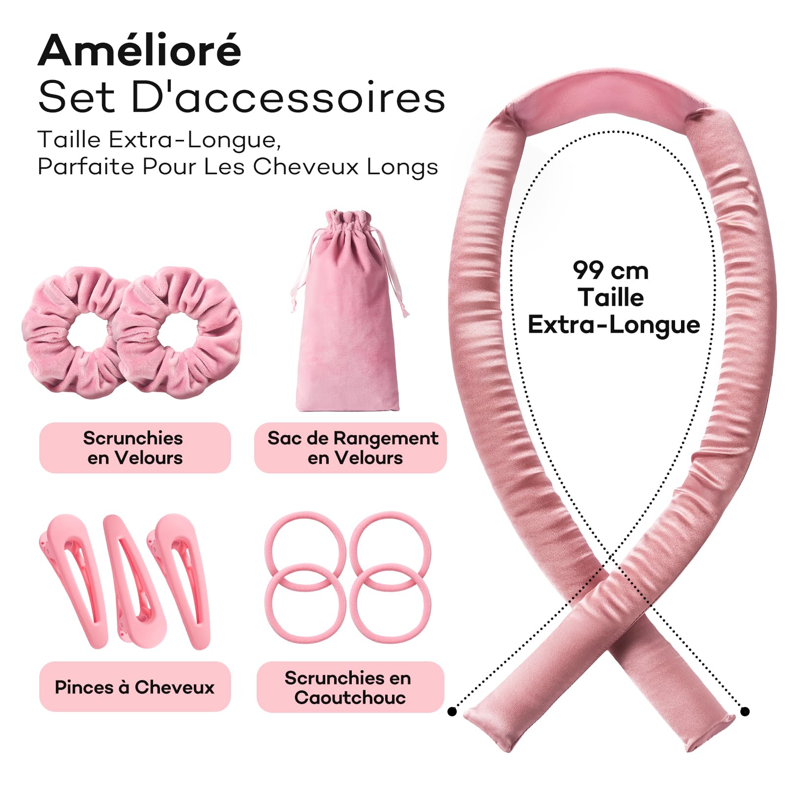 Umisleep Tresseur Sans Chaleur,Set de Boucles en Soie Protège les Cheveux,Tresseur de Boucles 99cm pour la Nuit,Bande DIY pour Boucles Sans Chaleur pour Cheveux Longs (Rose)