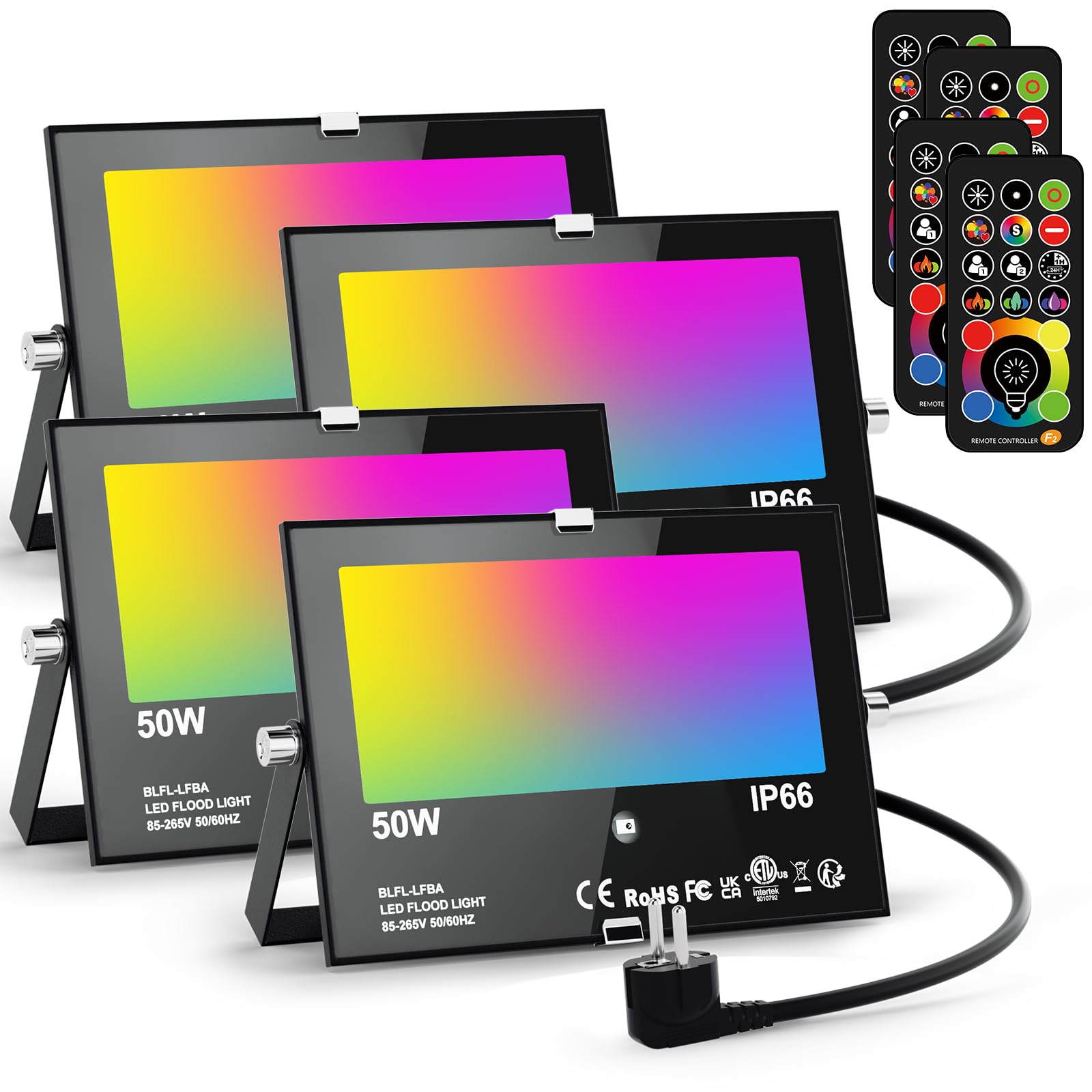 RGB LED Strahler Außen 50W Fluter Mit Fernbedienung, 120 Farben 5 Modi Farbwechsel Flutlicht LED Innen, 5000LM Kaltweiß IP66 Wasserdicht Außenstrahler für Garten, Hinterhof, Garage, Flur - 4er/Set