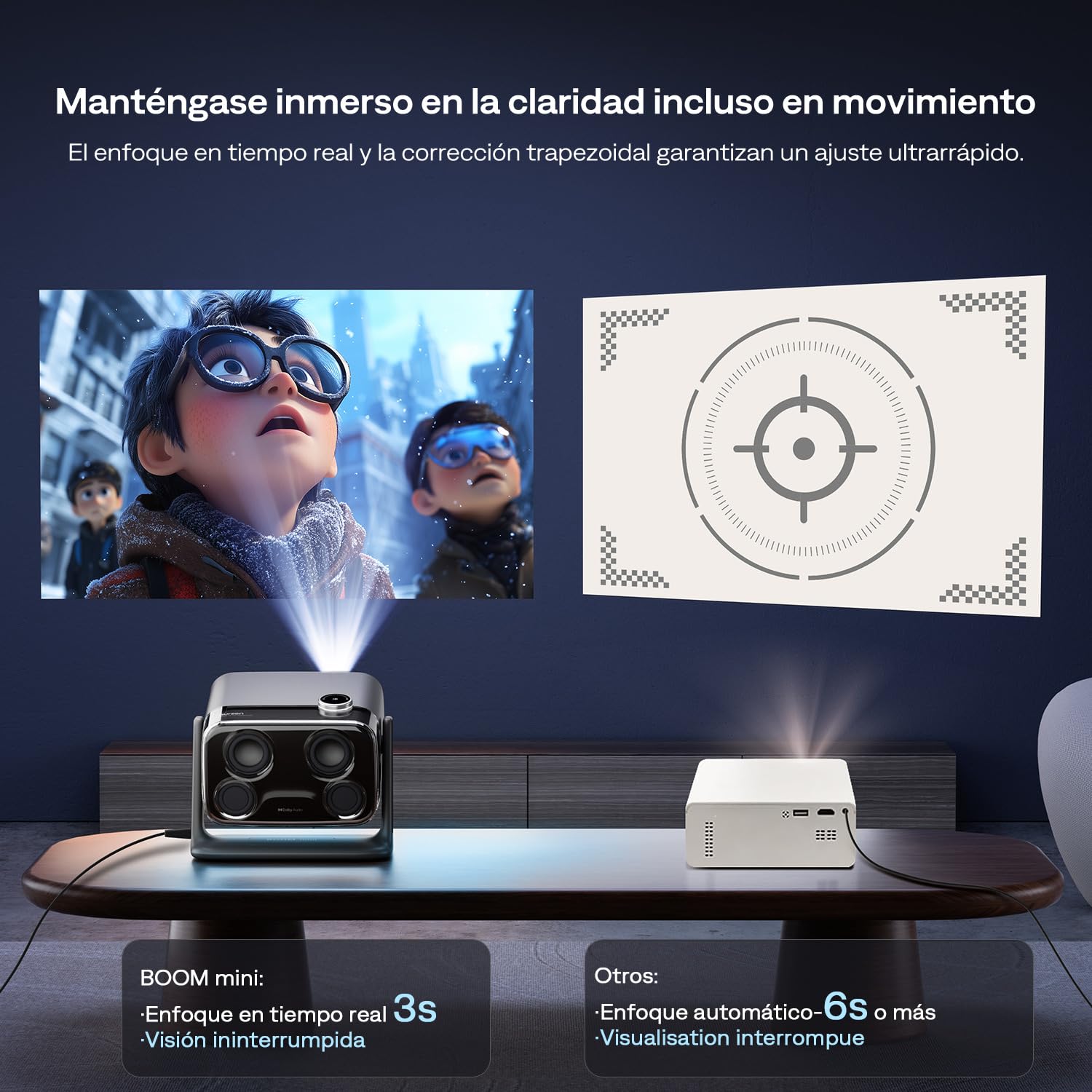 Aurzen Boom Mini Proyector para Exterior con Google TV, Dolby Audio de 20 W | Compatible con 4K, cine en casa, 500 lúmenes ANSI, Wi-Fi y Bluetooth, enfoque TOF
