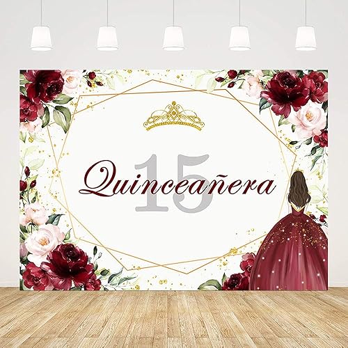ABLIN Telón de fondo de cumpleaños número 15 de 7 x 5 pies para niña, quinceañera, fondo de flores rojas, corona dorada, decoración de fiesta de