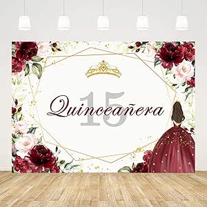 7x5ft Happy 15th Birthday Backdrop for Girl Quinceanera Burgundy Red Flowers Background Gold Crown Princess Birthday Party Decorations Photography Props Cake Table Banner