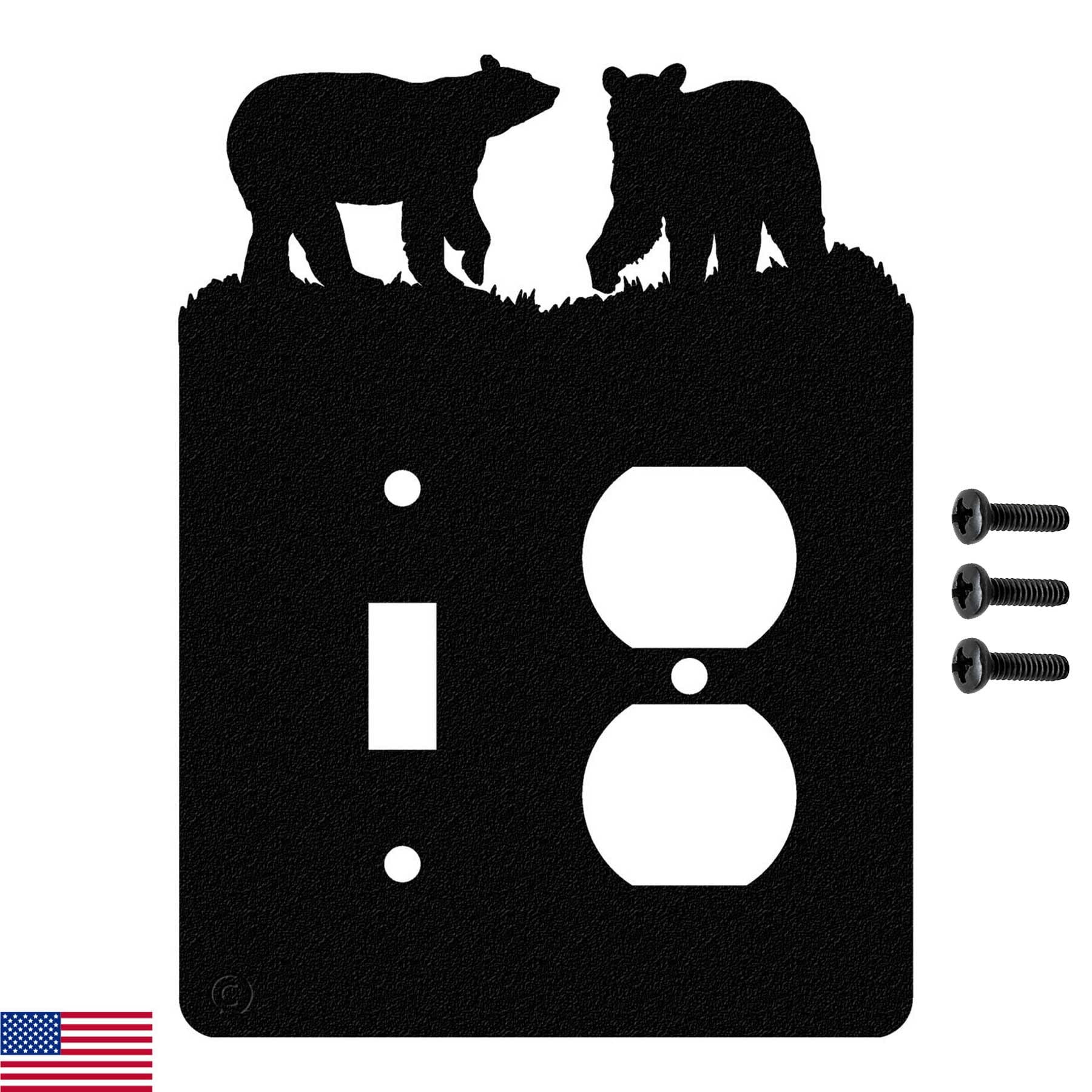 Bear Toggle Light Switch & Single Duplex Wall Plate (Single Toggle with Power, Black) - MADE IN USA