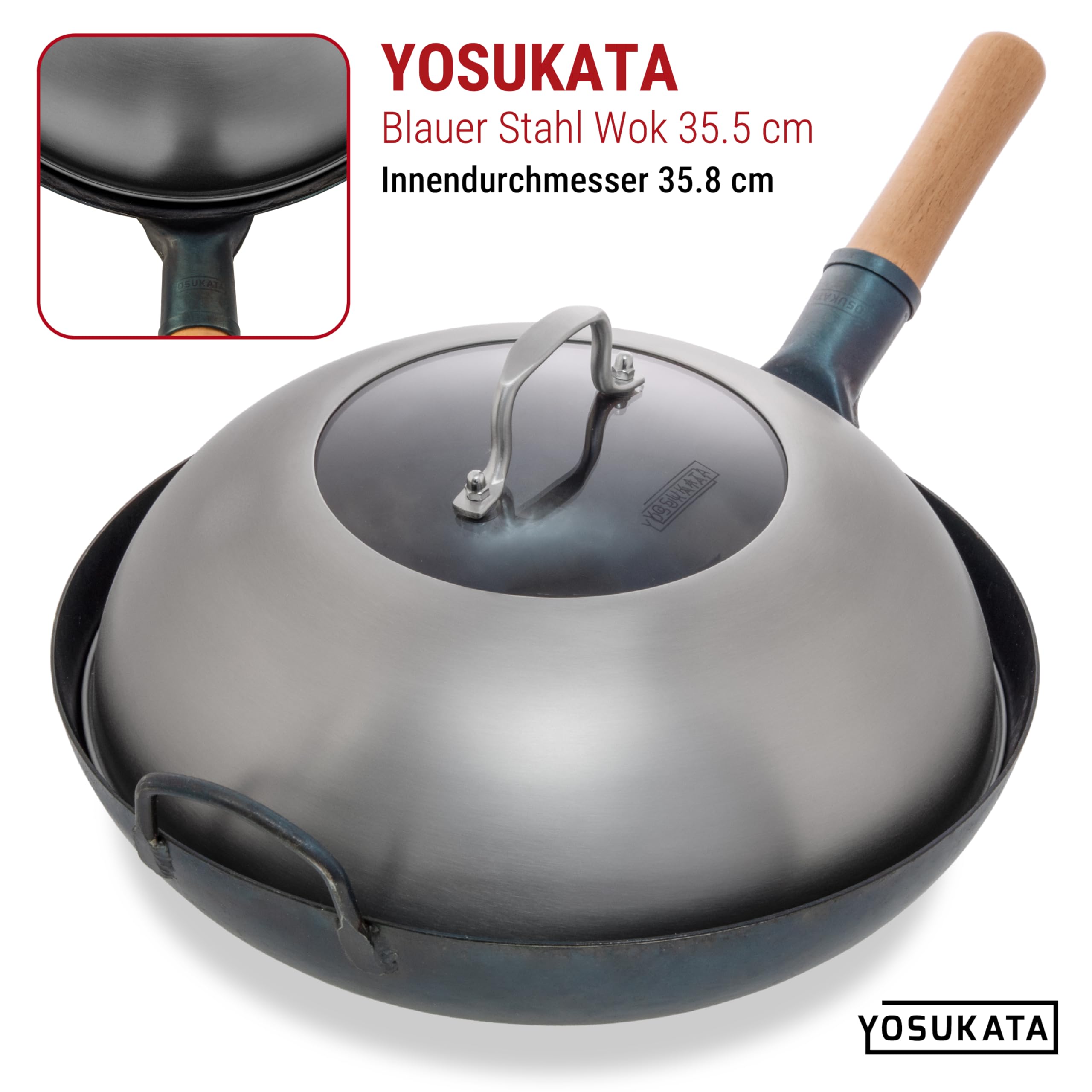 YOSUKATA Wok-Deckel 34,5 cm -Wokdeckel mit Gehärtetem Glas und Dampflöchern | Abdeckung für 36 cm Wokpfanne - Grill- und Käse-Schmelzkuppell - 304 Edelstahl Wok-Zubehör Spülmaschinenfest