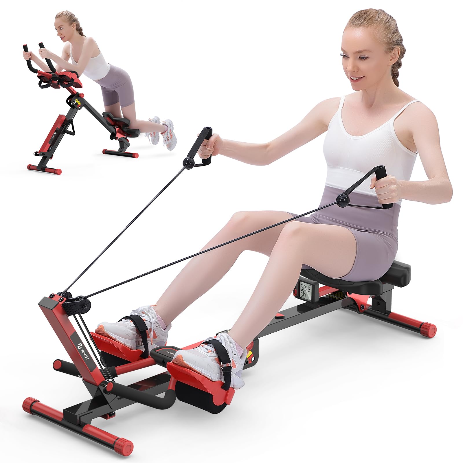 Rowing Machine, 4 in 1 Rowing and Ab Machine with 2 Levels of Workout Resistance, Quiet & Foldable Row Machine with 3 Adjustable Handle Heights & LCD Monitor, Rower Machine for Home Exercise