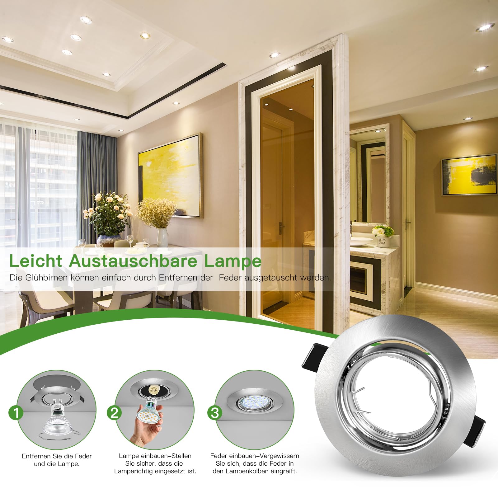 GU10 Einbaustrahler 12er Set – Schwenkbare LED Spots 230V, Edelstahl gebürstet Einbauspots, Runde Deckenspots inkl. Fassung für GU10 LED oder Halogen