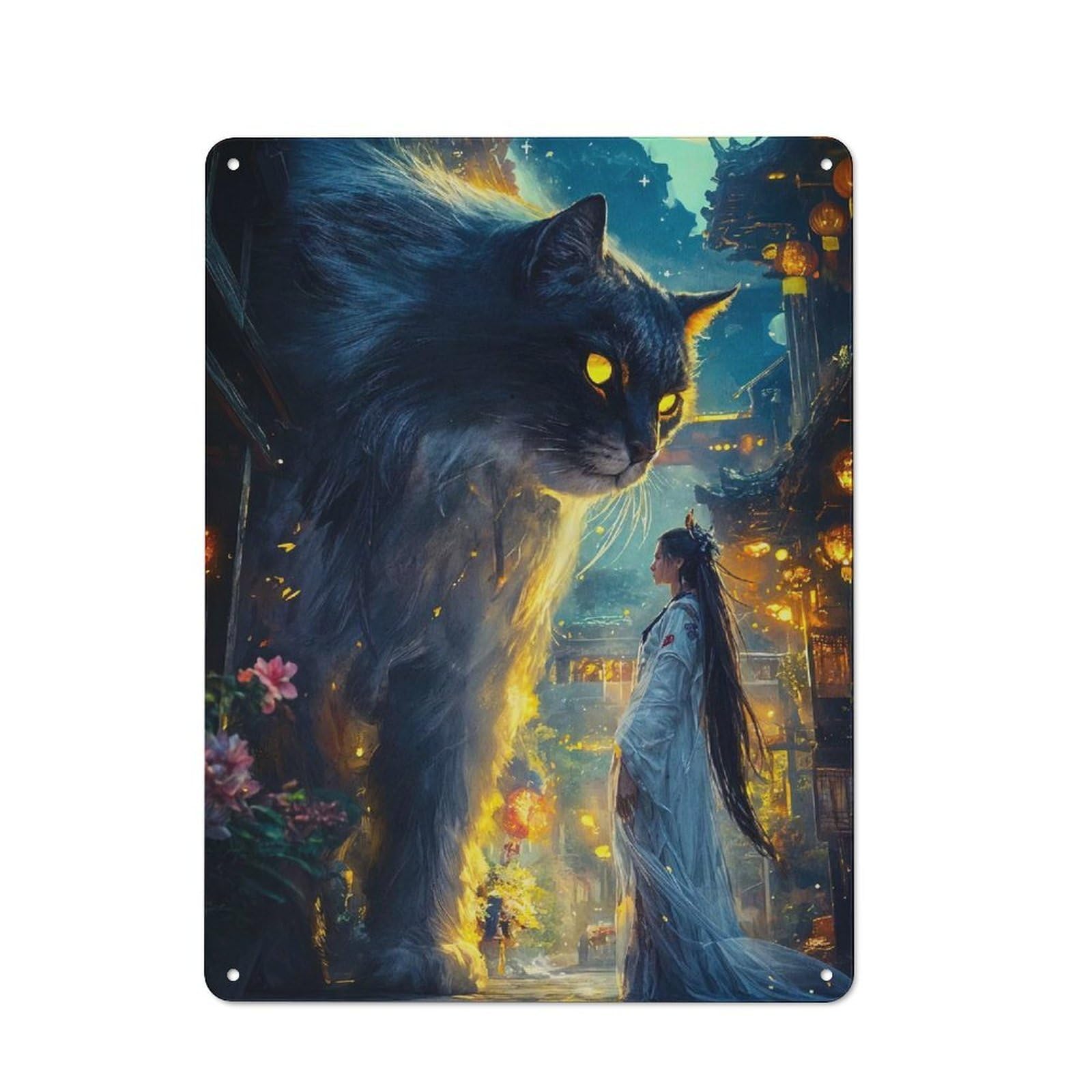 Junmoney Style-5 Understated Office Metal Sign 40X30cm Featuring Giant Cat And Woman, Studio Wall Plaque For Office, Study, Studio Or Hallway