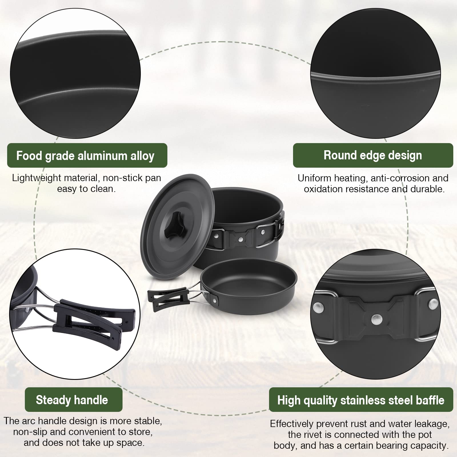 Kit de Casseroles Camping,Multi-PCS,Camping Poêlé en Aluminium Durable,Portable 2-3 Personnes Casseroles Camping Set avec Assiette Bol Ustensiles de Cuisine pour Pêche,Outdoor,Randonnée