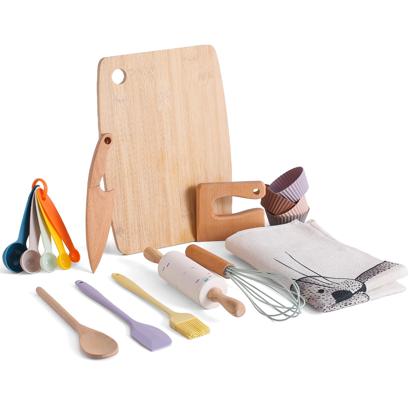 Promise Babe Kids Knife Set for Real Cooking and Baking, 14 Pcs Food Grade Montessori Kitchen Tools, Toddler Kitchen Tools with Safe Toddler Knife Set, Cutting Board, Kids Apron and Rolling Pin