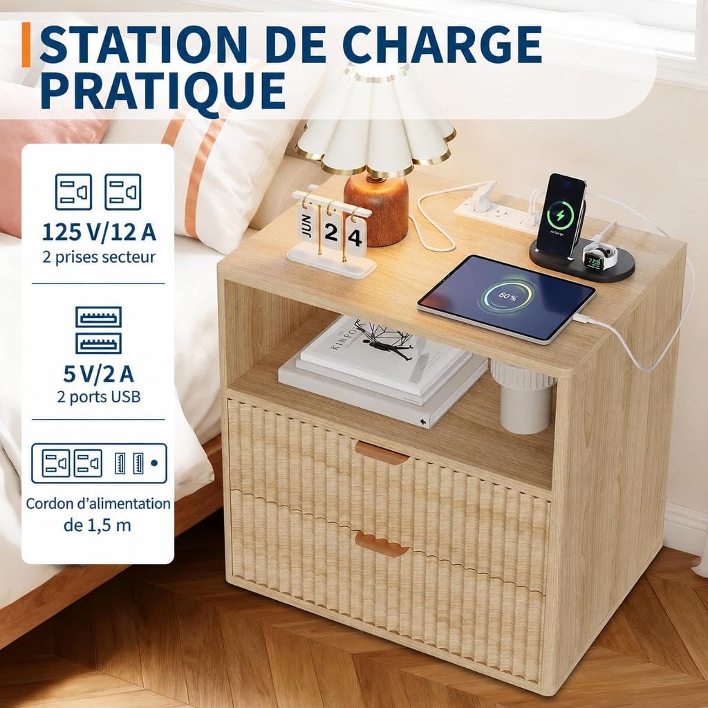 Garvee Table De Chevet avec Tiroir Et Étagère Ouverte, Style Bohème en Bois avec Façade Effet Cannage, Meuble De Rangement Compact pour Chambre, Salon Ou Entrée, 58 x 39 x 60 cm
