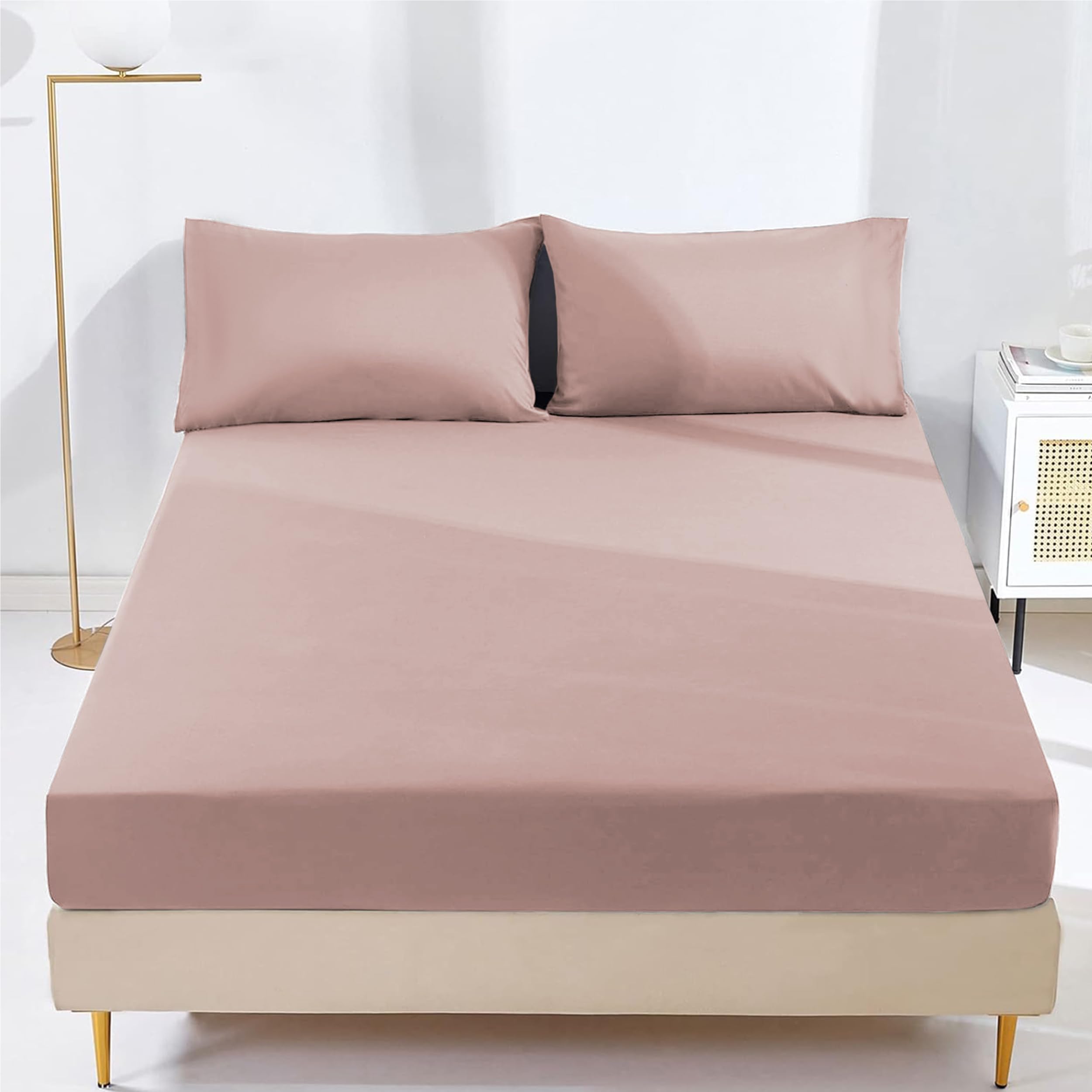 AR Ware Double Fitted Sheet Non Iron Wrinkle, 25cm Deep Ultra Soft Microfiber Elastic Fitted Bed Sheets Easy Care, Fade Resistant (Blush)