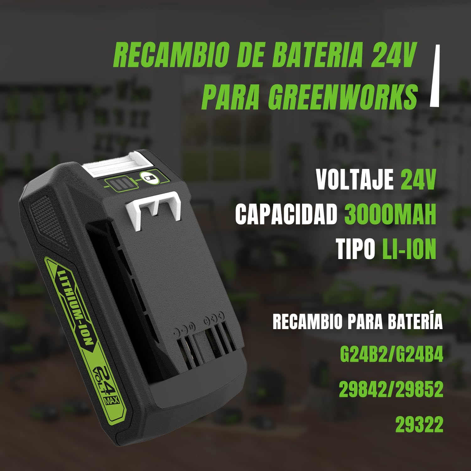 Paquete de 2 baterías de 24 V y 3,0 Ah para Greenworks G24B2 y G24B4 | Batería compatible Greenworks G24B2 G24B4, cargador G24X2UC2
