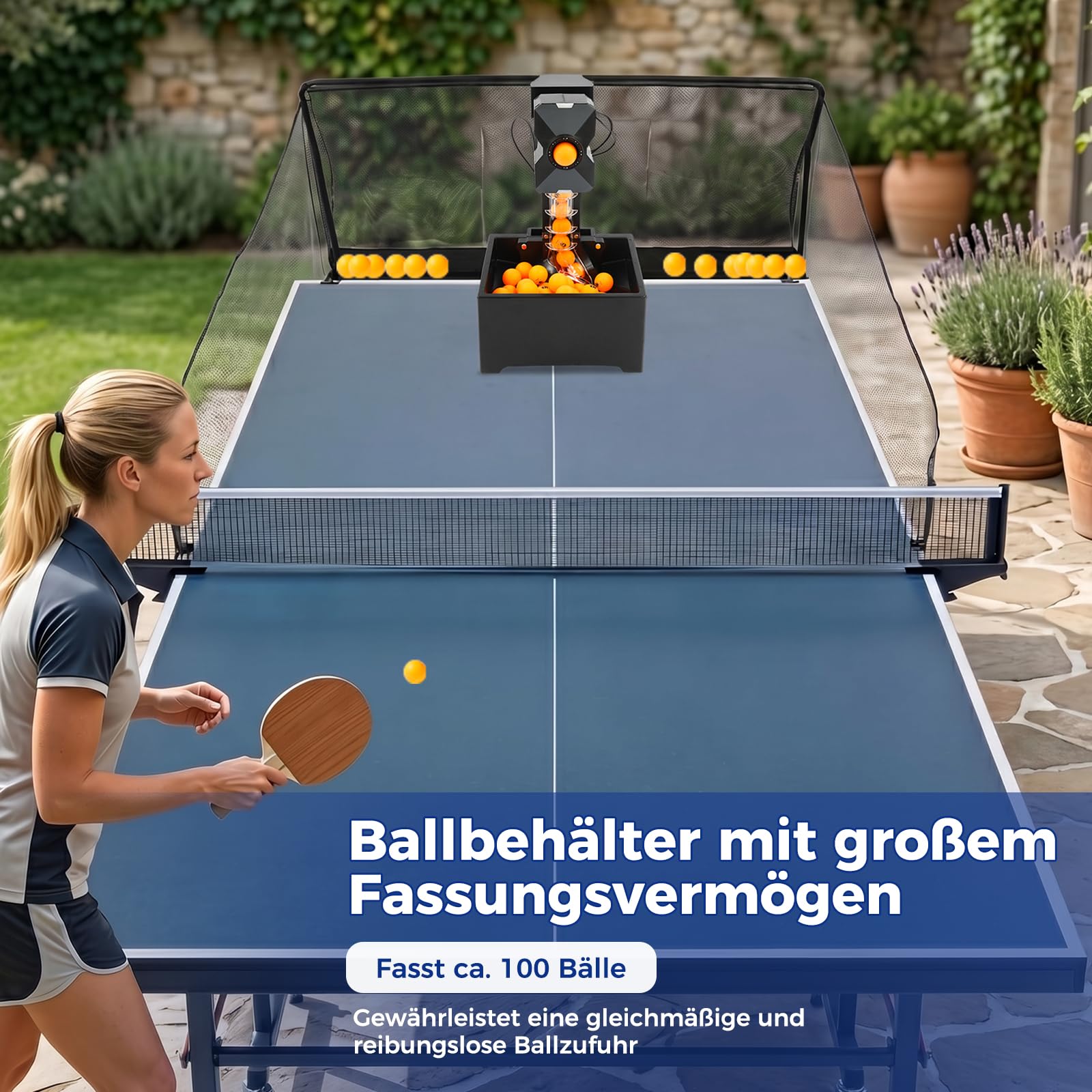 Ping Pong Ball Maschine mit Netz, Automatische Tischtennismaschine Ping Pong Ball Wurfmaschine, 10 programmierbare Modi 100 Bälle