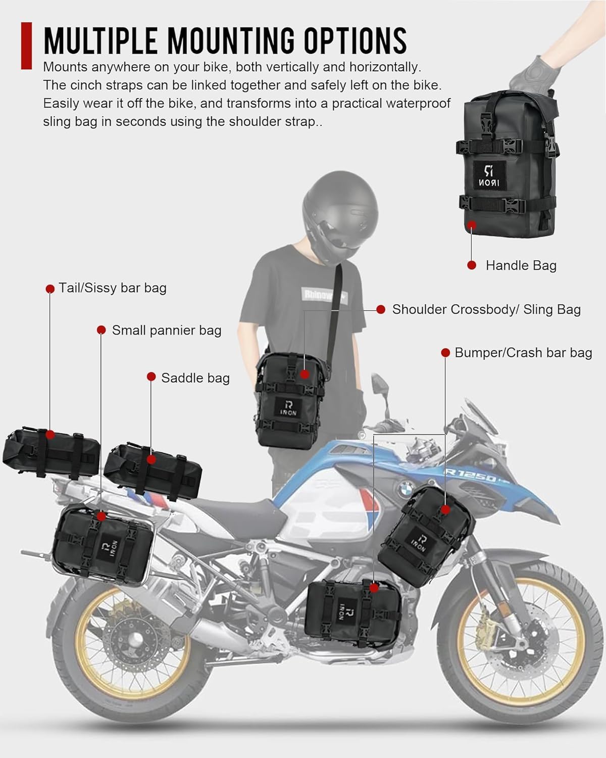 RIDEIRON Alforjas para Crash Bar Moto – 2×5L Impermeables, Bolsas Laterales Universales, Montaje Rápido, PVC 500D, para Aventureros y Viajeros Urbanos (Fibra de Carbono)