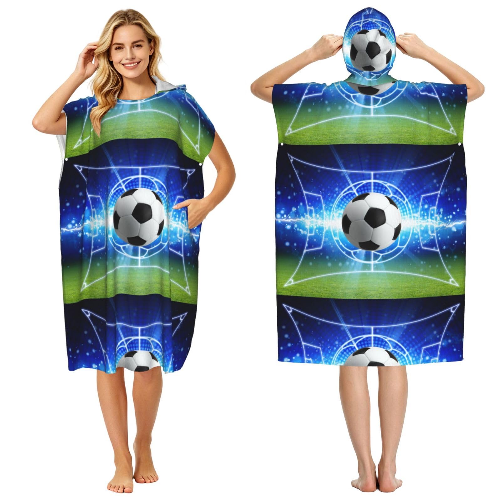 Poadnly Soccer Ball Glitter Football Field, Adult Hooded Beach Towel 90 x 110 cm,Changing Bath Robe, Surf Poncho Towel For Women Men
