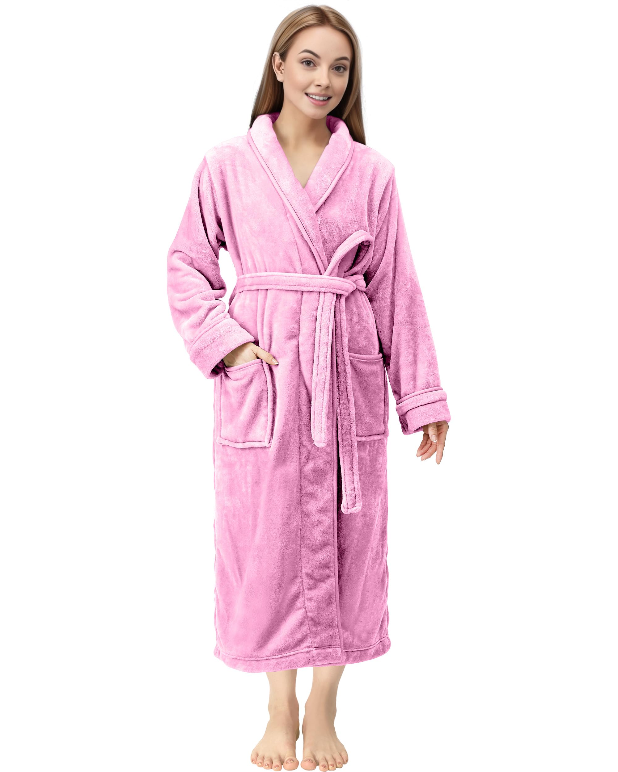 NY Threads Premium Womens Robe Plush Soft Long Bathrobe Warm Fleece Shawl Collar Spa Robe Pack of 1, Medium, Pink