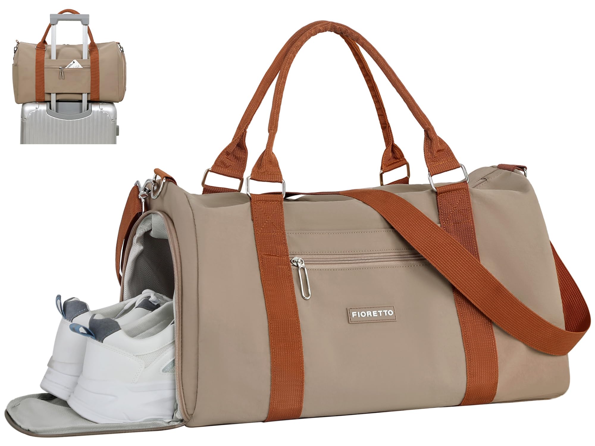 FIORETTO Womens Gym Tote Duffle Weekender Bag with Wet Pocket &amp; Shoe Compartment, Ideal for Travel, Swimming, Dance, Khaki