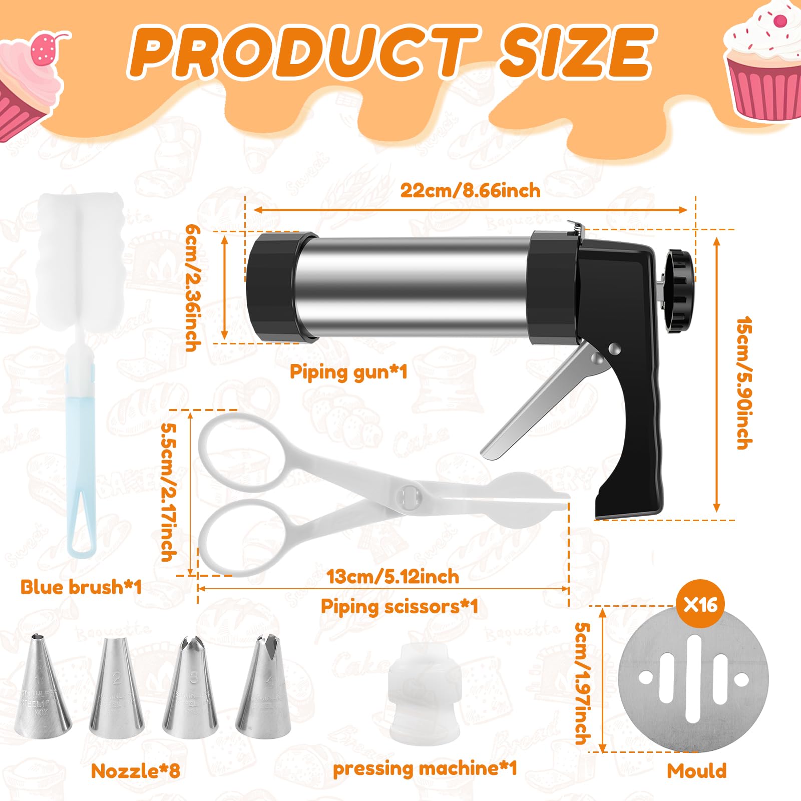 Churro Maker Machine, Stainless Steel Cookie Press Kit with Piping Bag, Nozzles, Brush, Cookies Discs, Churro Filler Kit, Homemade Different Shape Churros for DIY Cake Maker Decorating Baking Supplies