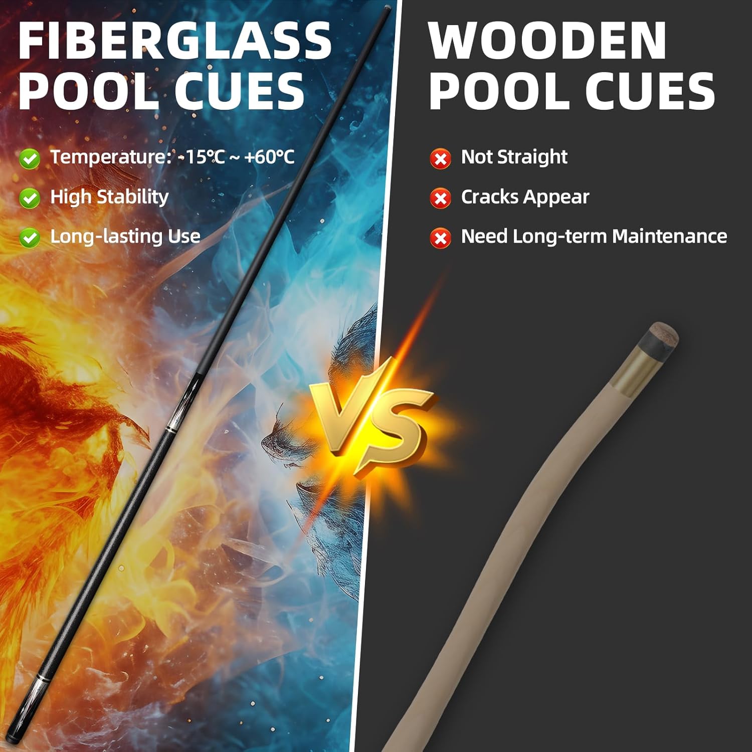 AKLOT Fiberglass Graphite Composite Billiard Pool Cue Sticks 2/4 Pack 20oz 58inch 13MM Cue Tip One-Piece Pool Cue Low-Deflection Billiard Cue for Home & Bar Play