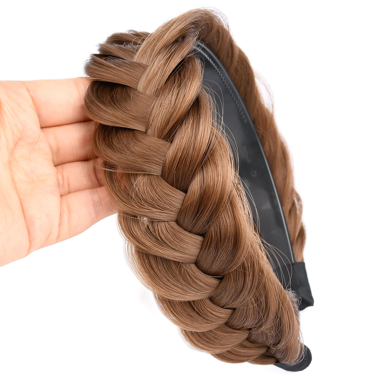 GLEDOLA Wide Messy Braided Headband with Teeth Synthetic Hair Plaited Headband High Elasticity Braids Chunky Fishtail Braided Hair Band Hairpiece for Girls Women (Medium Brown) - Image 4