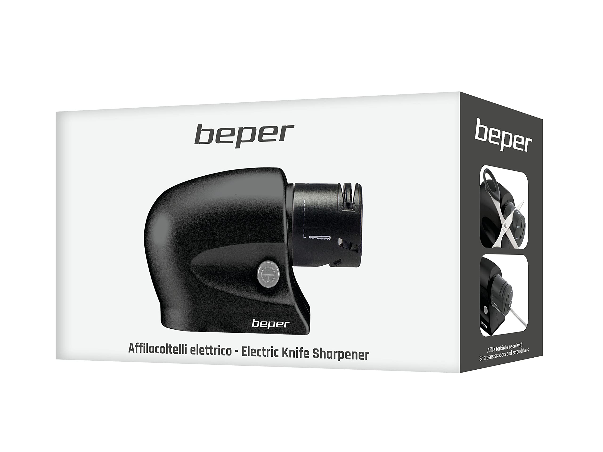 BEPER P102ACP001 Affilacoltelli elettrico Forbici, Cacciaviti, Lama Liscia, Seghettata, Pietra allumina,10W, Motore Performante, Base Antiscivolo, Avvolgicavo, Tasto ON/OFF, Nero