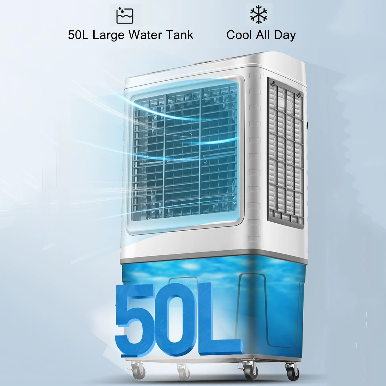 Enfriador De Aire Evaporativo Comercial, Humidificador Y Ventilador 3 En 1, 200 W, Tanque De 50 L, Enfría hasta 538 Pies Cuadrados para El Hogar, Taller, Uso Mecánico - 50 X 34 X 90 Cm
