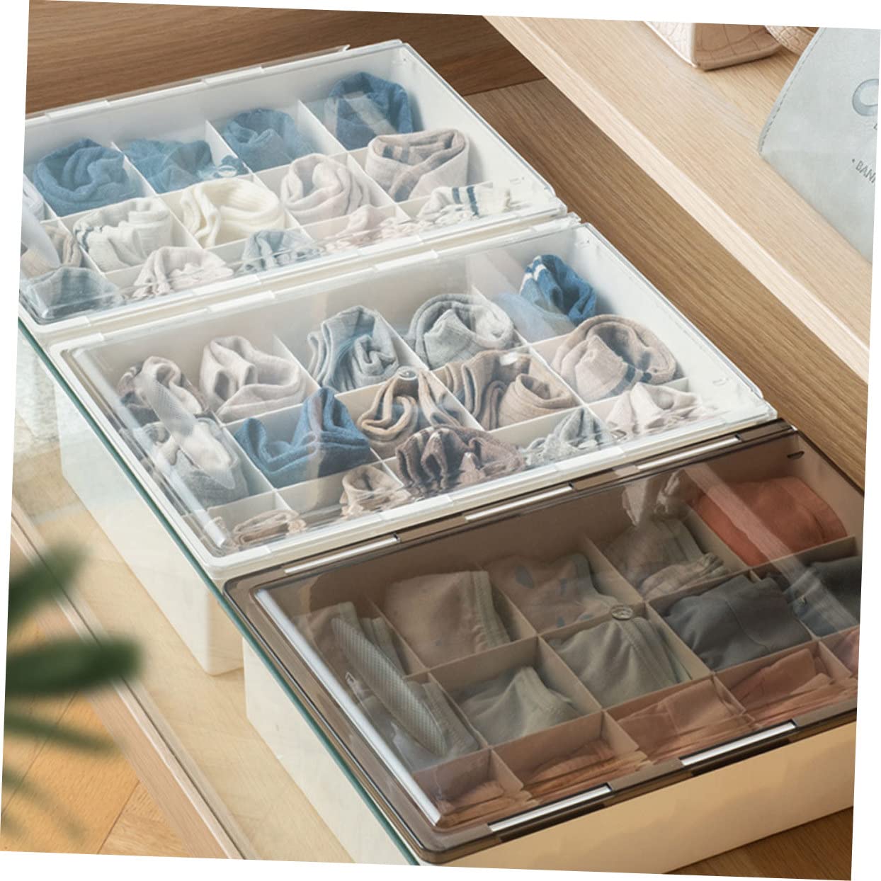 Hemobllo Scatola Organizer in PP con Coperchio Biancheria Intima per Contenitore da 15 Scomparti Multi Griglie per Calze e Indumenti per Casa