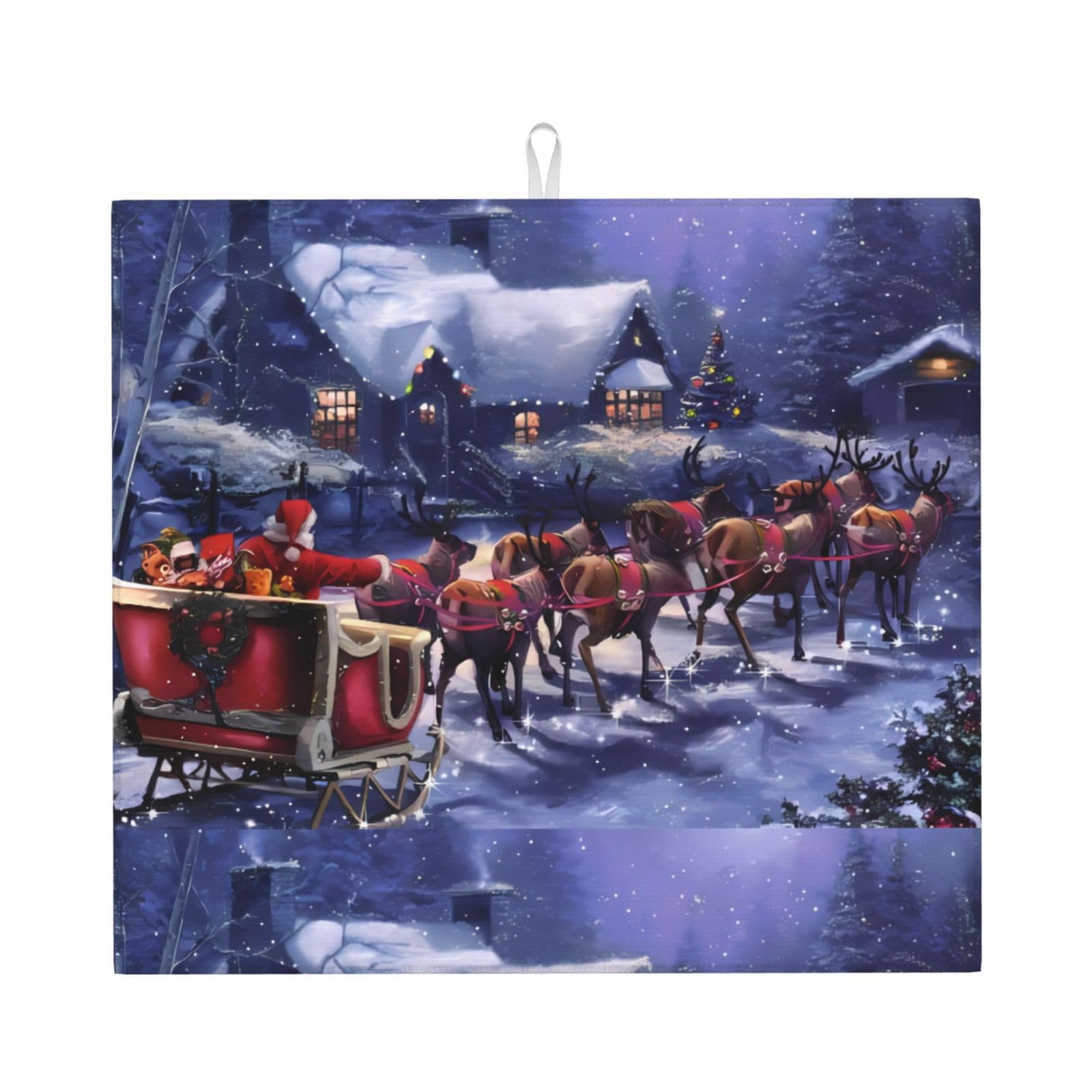 WHJSHOP Snow Night Santa and Deer Prints Kitchen Drying Mat - Absorbent Dish Drying Throw with Vibrant Prints, Quick-Dry Countertop Layer for Dishes & Glassware - Non-Slip