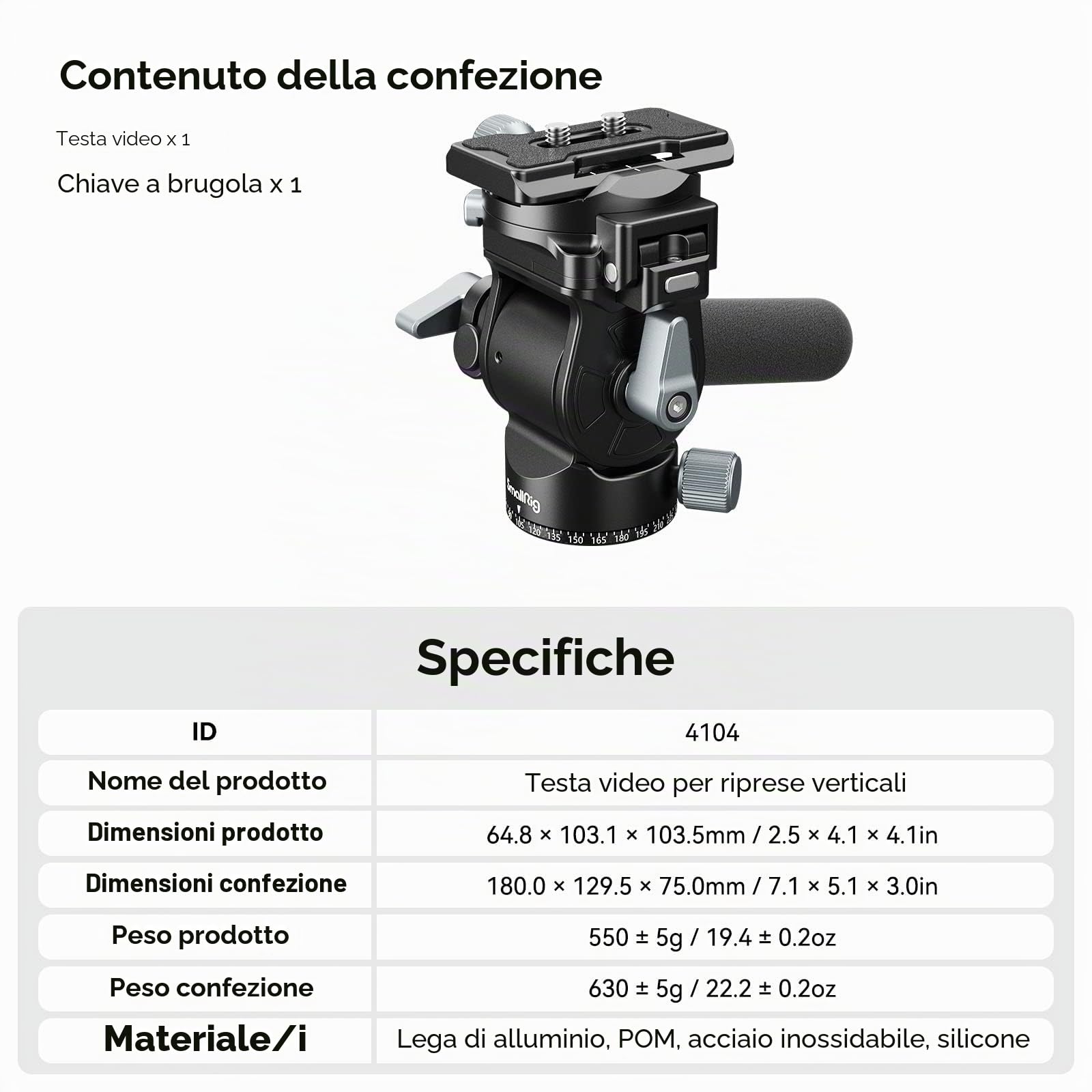 SMALLRIG Testa per Treppiede Video per Riprese Verticali/Orizzontali, Testa Fluida Pan Tilt con Piastra QR per Arca, Carico Massimo 5 kg / 11 Libbre per Videocamera, Mirrorless, DSLR - 4104