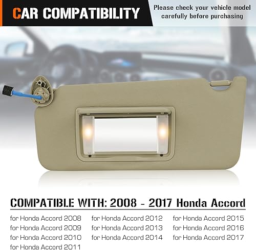 Miniatura 9 de Visera solar del lado del conductor izquierdo con luz para Honda Accord 2008-2012 Reemplazo de parasol gris 83280TA0A91ZB