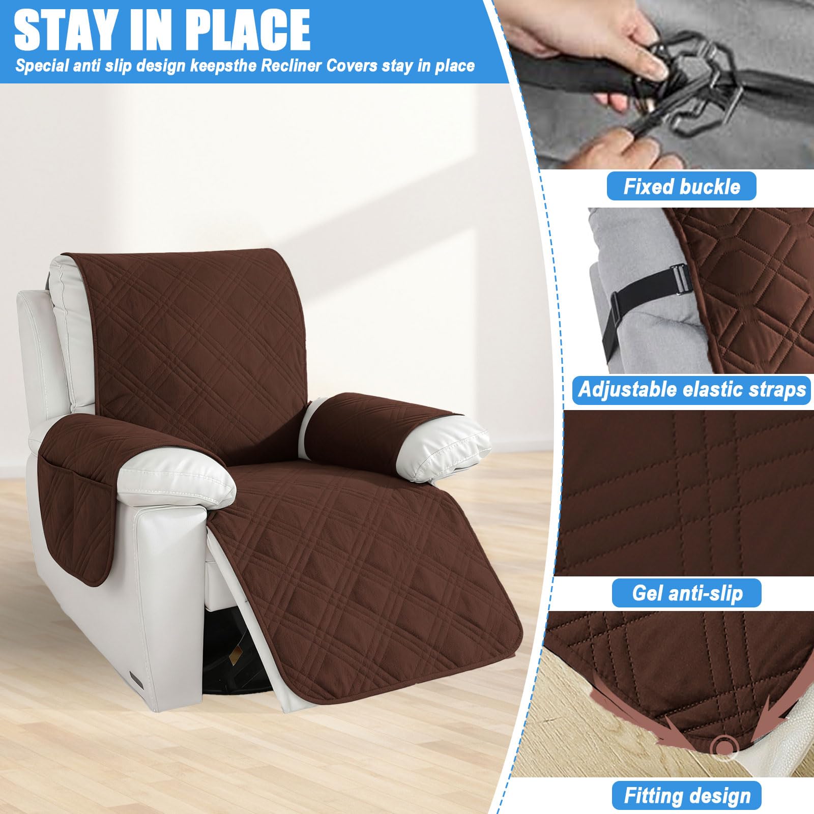 Hearda 1-zits jacquard ligstoel hoes, ligstoel hoes voor elektrische stoel met zakken, 4 stuks stretch ligstoel bankhoes, antislip fauteuilhoes, bank sliphoezen beschermer - zwart