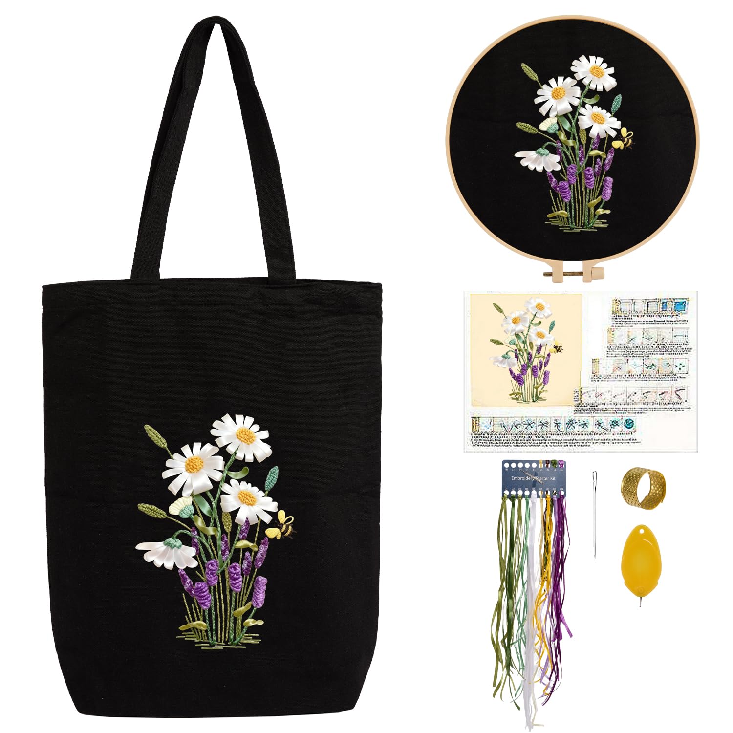 CREAWONDER Hand Embroidery Kits for Bag, Embroidery Kit Bag with Pattern for Beginners, Arts and DIY Embroidery Crafts Kits for Adults, Include Instructions, Embroidery Hoops, Color Threads and Tool