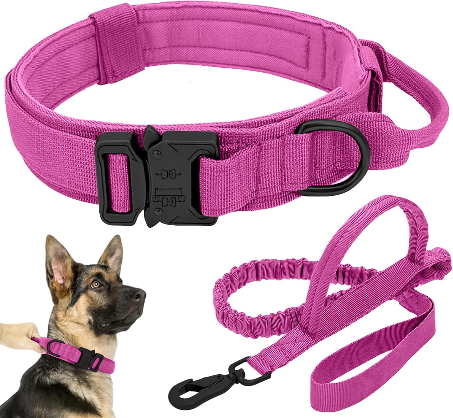 Tactical Dog Collar Leash Set, Adjustable Military Training Nylon Collar Dog Training with Control Handleand Metal Buckle, Dog Collar for Medium Large Dogs (Pink,M)