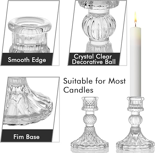 Miniatura 2 de Portavelas de vidrio transparente, el juego de 2 piezas incluye portavelas cónicos y portavelas a rayas, dos estilos para eventos formales, bodas,