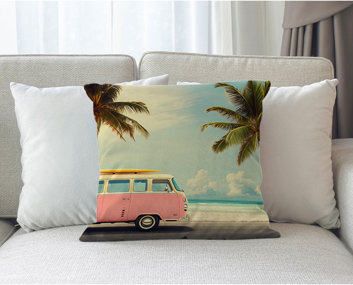 Vintage Car Pillows Covers Tropical Ocean Beach Palms Car Surfboard Decorative Throw Pillow Cushion Cases Accent Pillow Covers for Sofa Bed Car Couch 18"X18" image 3