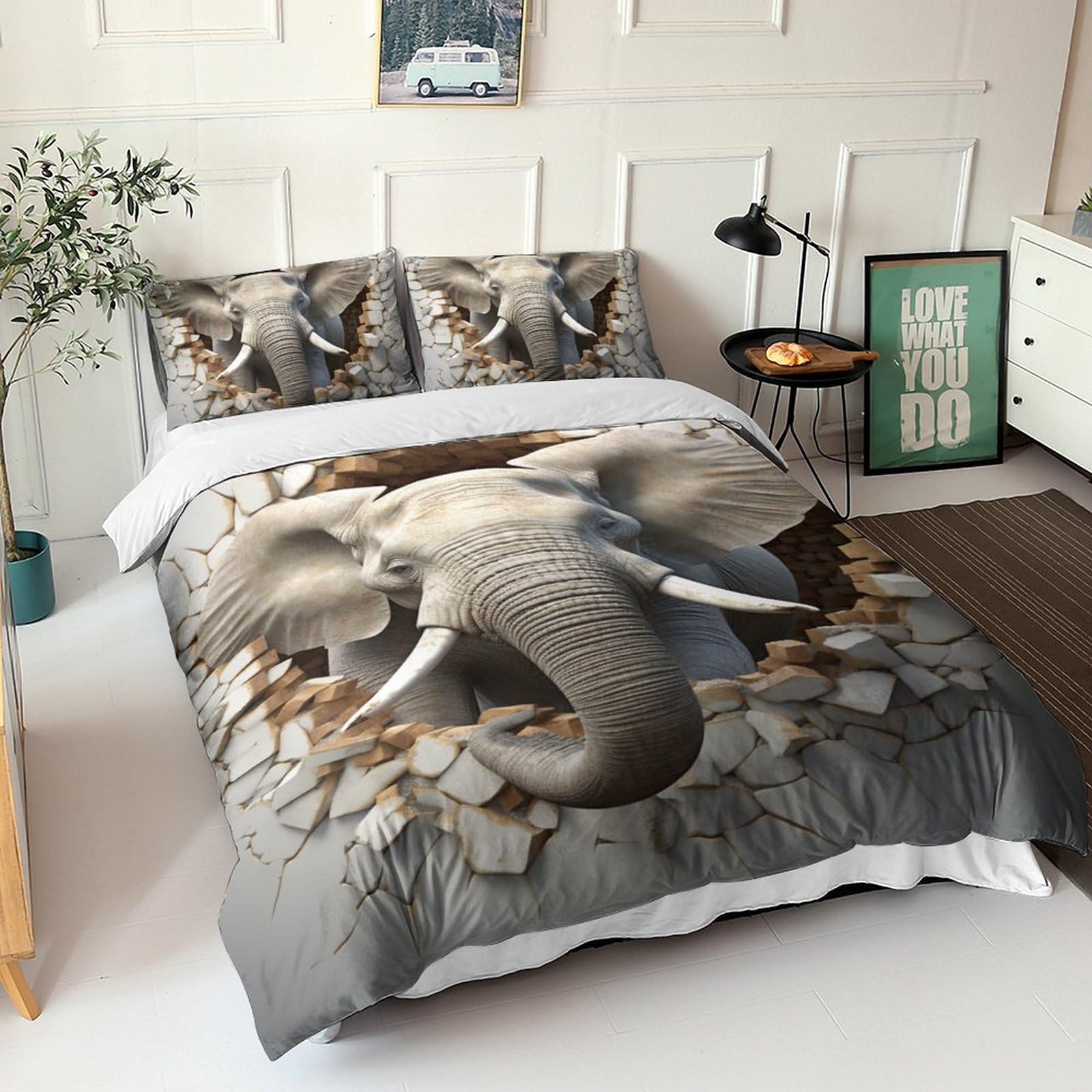 Housse de couette éléphant 3D microfibre parure de lit 3 pièces 220x240 taies d'oreiller SCOOVY