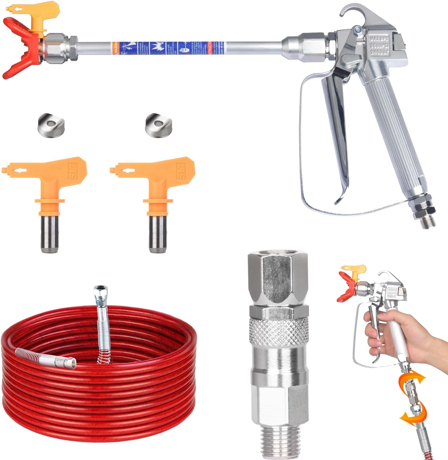 Airless Paint Spray Gun and 50 Feet Airless Hose Kit (Red) with 10 Inch Spray Extension Pole, A 360° Swivel Joint and Two 517 Tips for Titan Graco Sprayers.(JW-122533)