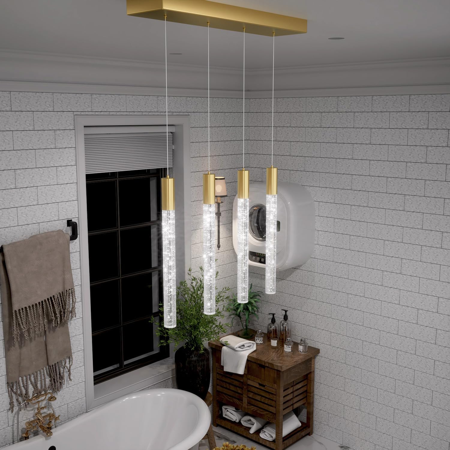 Modern 4-Light Gold Crystal Column Pendant Light Rectangular Crystal Chandelier LED Hanging Light for Dining Room Living Room, Hallway, Bedroom