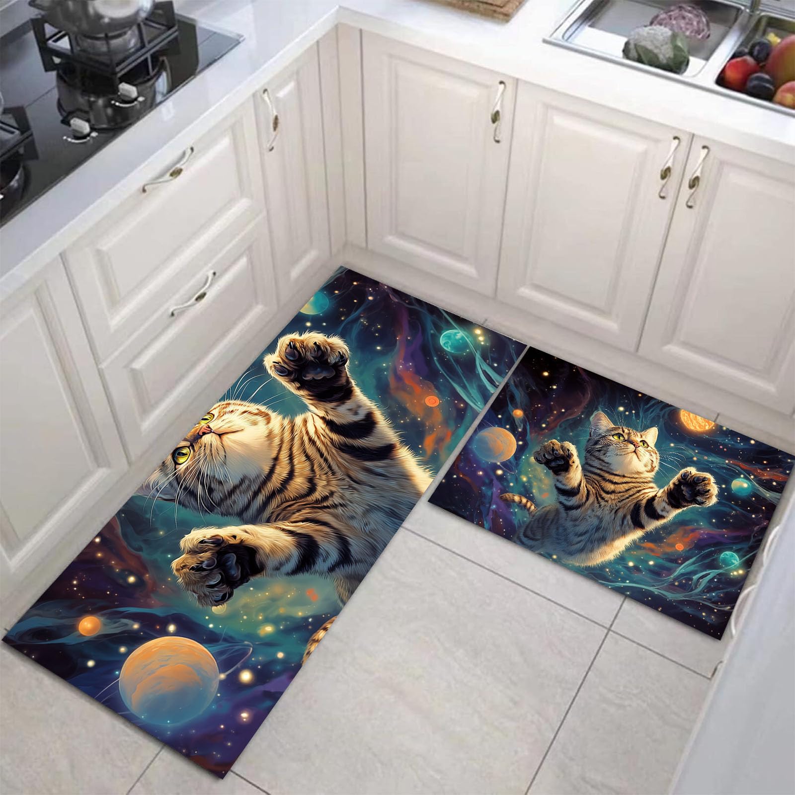 Tapis de cuisine lavable et antidérapant lot de 2 absorbant motif chat turquoise