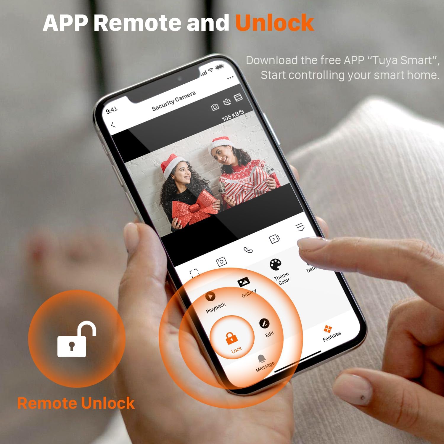 Smartphone screen showing the Tuya Smart app with a video call from the doorbell, and an unlock button.