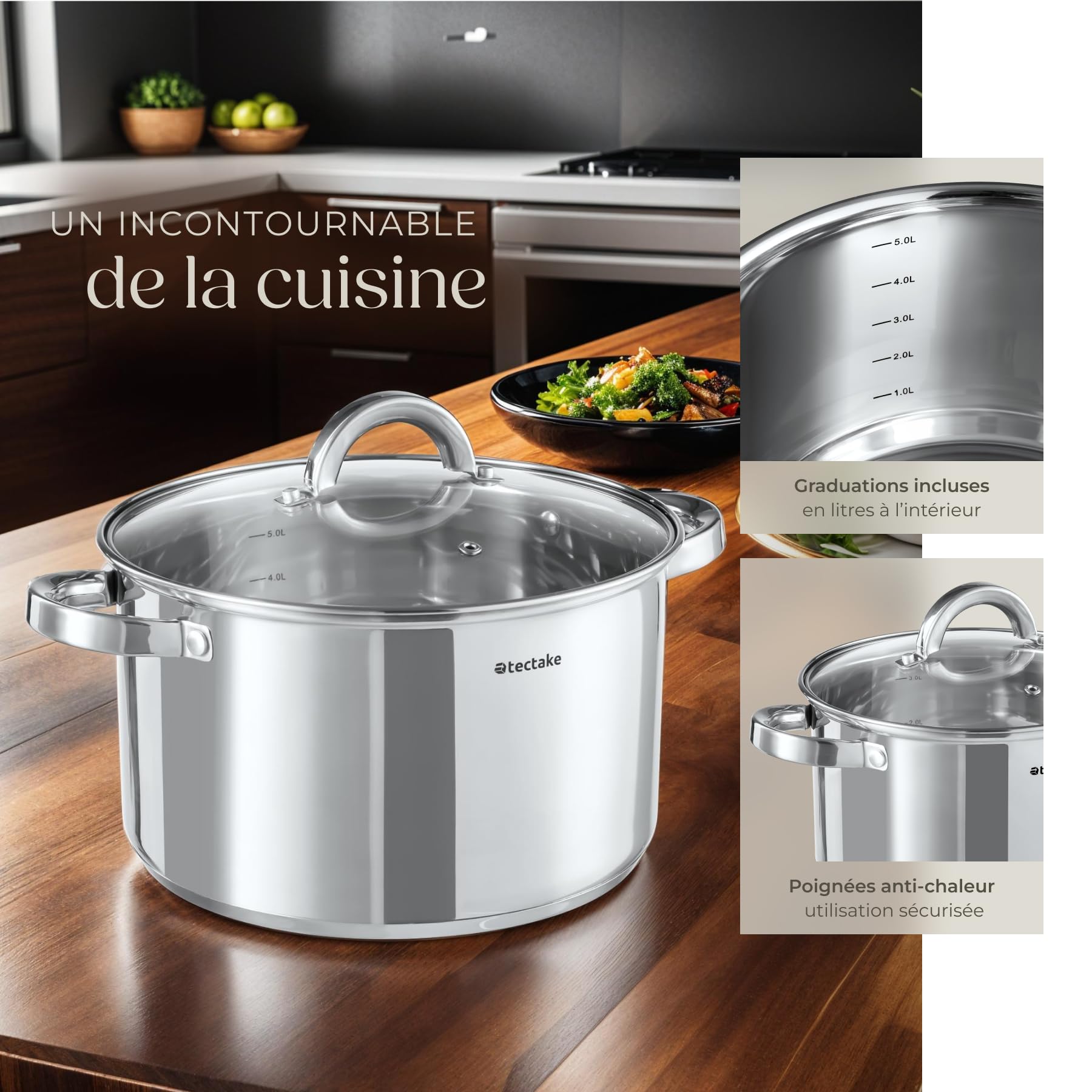 tectake® Set de casseroles & Poele Inox 15 pcs, revêtement anti-adhésif, Lot de casseroles, poêles & couvercle casserole, ustensiles de cuisine idéal Induction cuisinère gaz & vitrocéramique