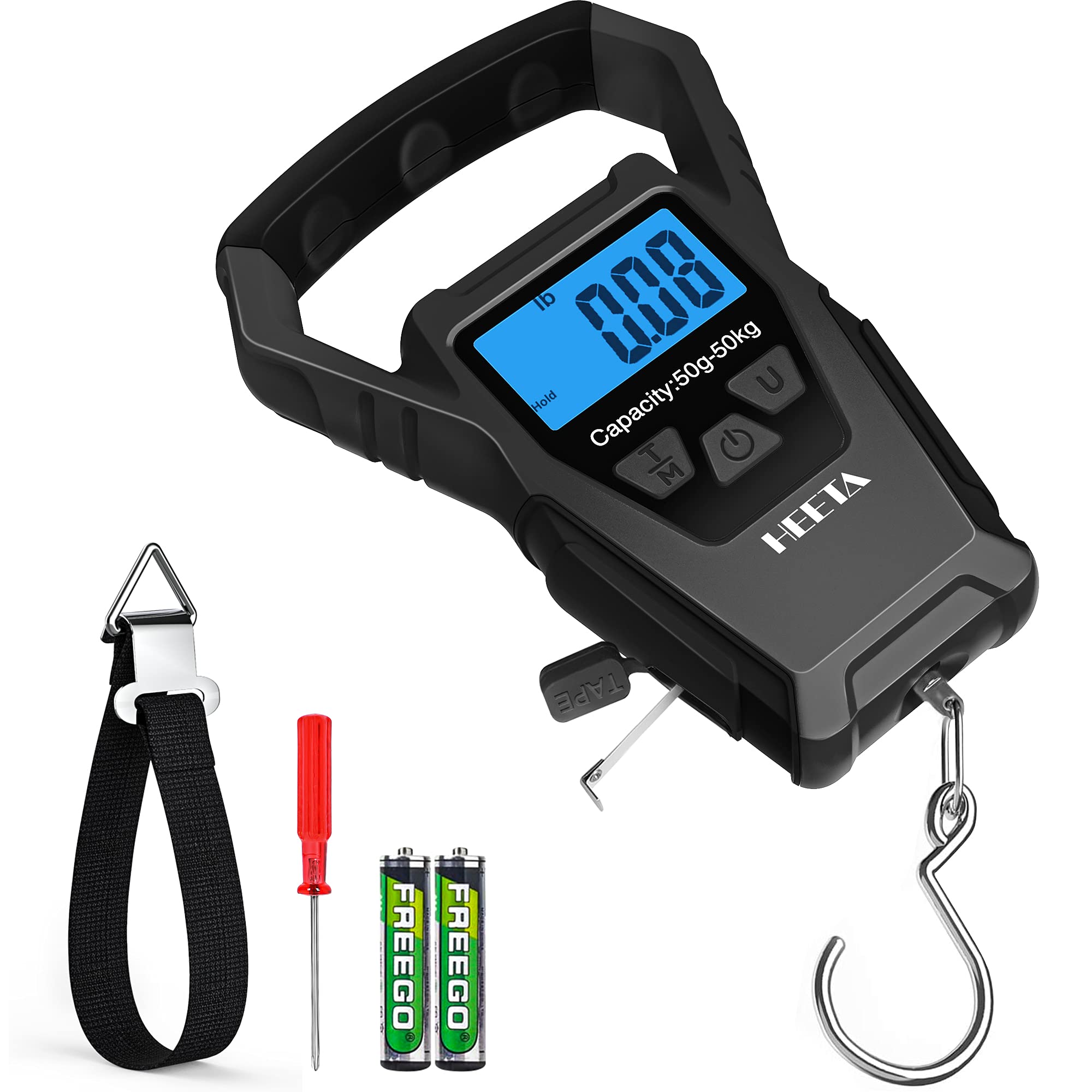 HEETA Waterproof Fish Scale Digital with Backlit LCD Display, 110lb/50kg Portable Hanging Scale Fishing Scale for Home and Outdoor, Measuring Tape and 2 AAA Batteries Included Medium Black
