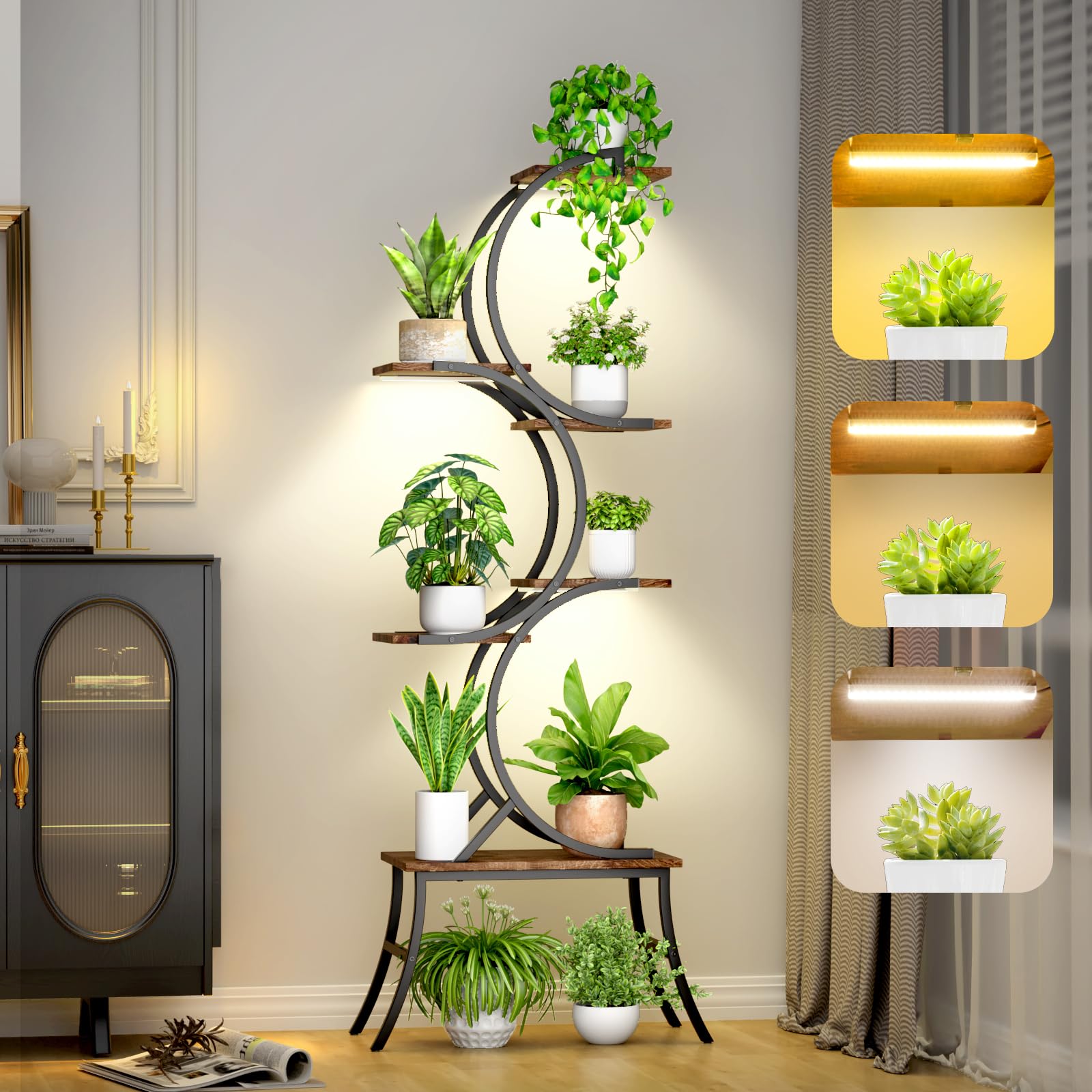 160cm Pflanzenständer Pflanzenregal mit Wachstumslicht für den Innenbereich,Dekoratives Blumenständer,6 Ebenen Blumenregal für Zimmerpflanzen Wohnzimmer,Metall Holz Blumentreppe