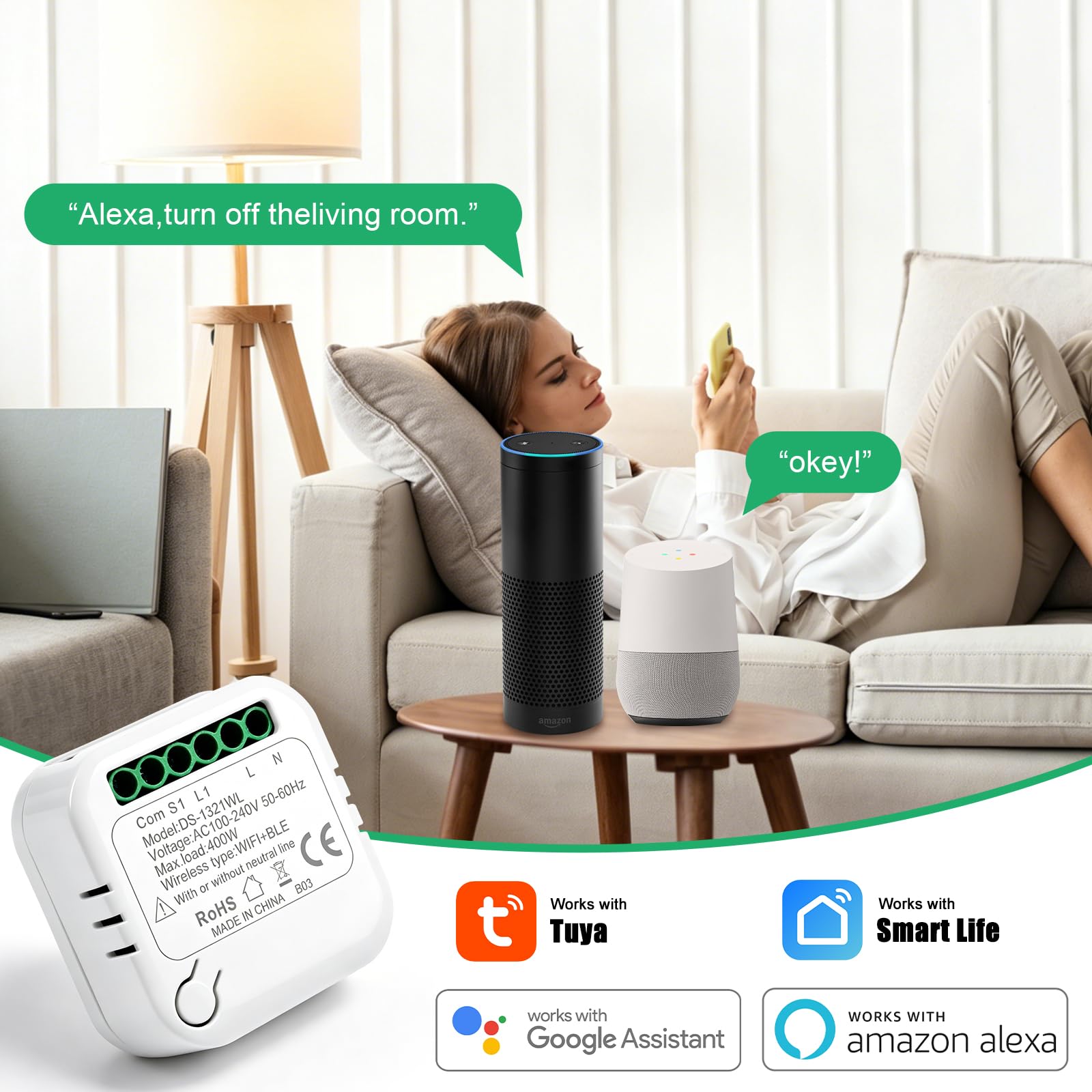 WiFi Interruptor Módulo Sin Neutro,Inteligente Interruptor, Smart Switch | Inteligente Luz Interruptor Sin Neutro Compatible con Alexa & Google Assistant, Mini Smart Switch WIFI con Tuya y Smart Life
