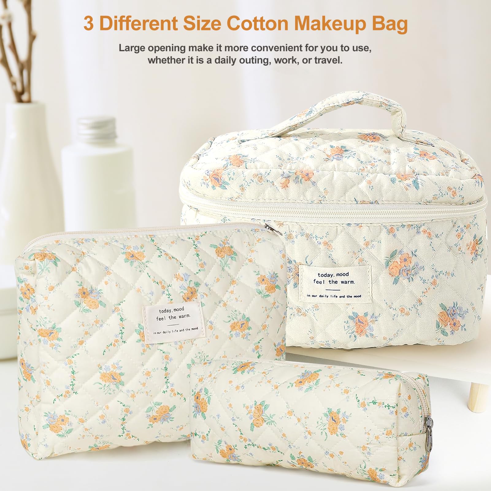 TOPALL Floral Cotton Quilted Makeup Bag Set, Classic Toiletry Bag, Cosmetic Pouch, 3 Sizes (Large+Medium+Pouch), Orange Flower - Image 3