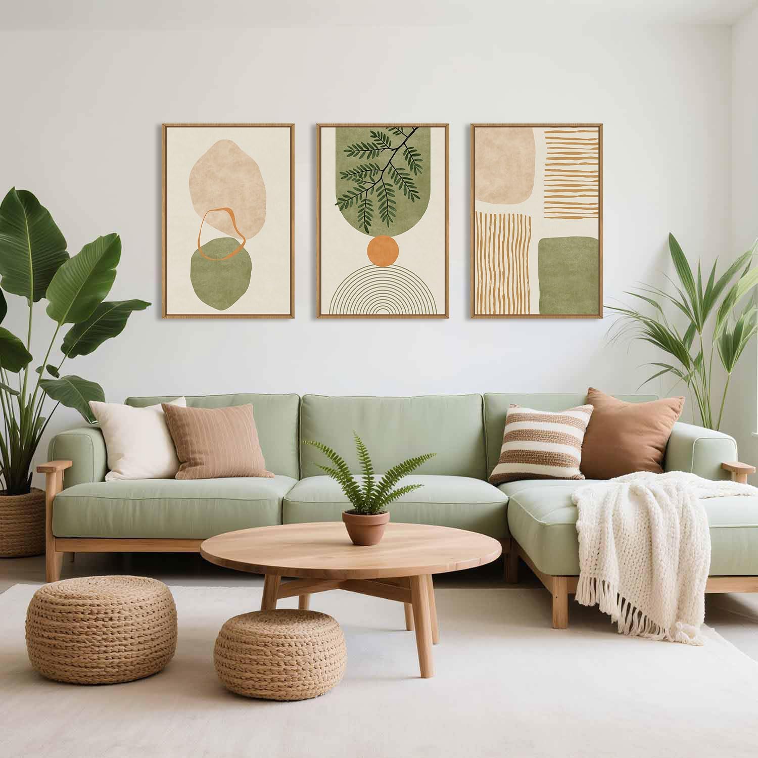 CHDITB 3 Stück Boho Wandkunst Weichgrünes Gerahmtes Leinwanddrucke Wandkunst Set Abstrakte Botanische Moderne Leinwand Wanddekoration Minimalistisches Bilder Grün Wandkunst Wohnzimmer