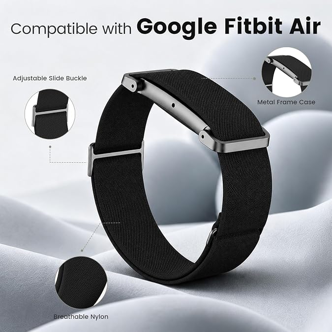 Elastic Nylon Bicep Band Compatible with Google Fitbit Air, Adjustable Stretch Woven Arm Strap with Sliding Buckle and Integrated Metal Frame